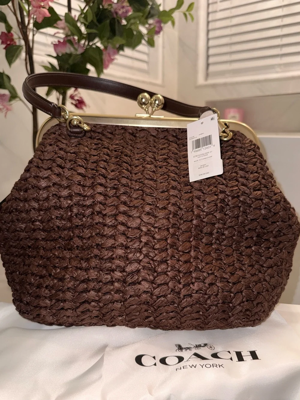 Coach Kisslock 27 Frame  Woven Straw Bag Brown NWT